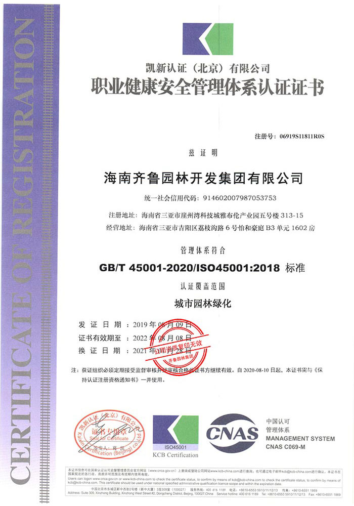 职业健康安全管理体系认证证书